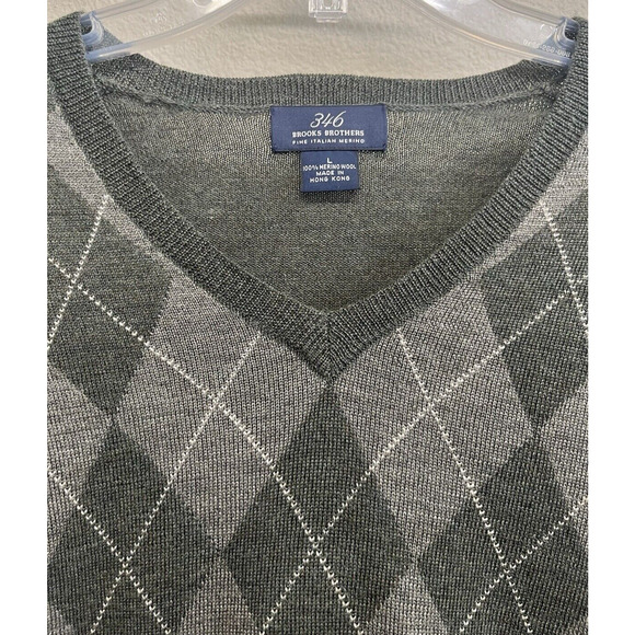 Brooks Brothers Sweater Men's Size L 100% Merino Wool Olive Green Argyle V-Neck - Picture 3 of 10